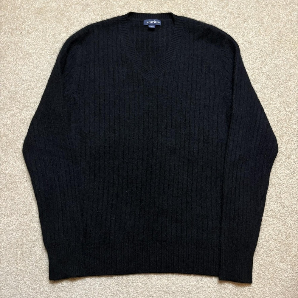 Lands End Sweater Mens Large Black 100% Cashmere V Neck Knit Ribbed Pullover